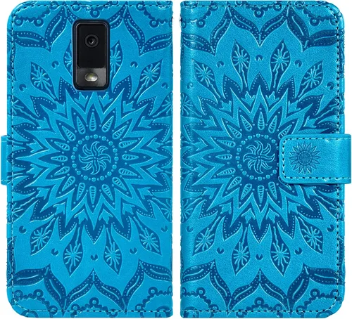 Vista 4 de Asuwish Funda para teléfono BLU View 3 B140DL con protector de pantalla de vidrio templado y piel de girasol, delgada, soporte para tarjetas Azul
