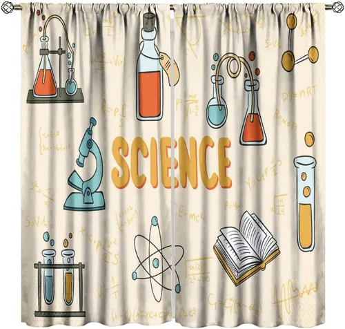 Vista 32 de Cortinas opacas para ventanas de ciencia para niños, lupa de libro de laboratorio de ciencia, lupa, frascos moleculares, cortinas impresas
