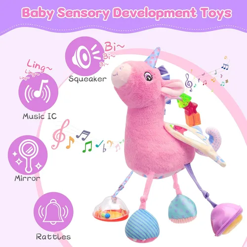 Vista 4 de Asiento de coche y cochecito de juguete para niña, peluche sensorial musical con sonajero y espejo, juguetes para bebés de 0 a 12 meses, juguetes