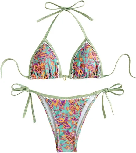 Vista 9 de WDIRARA Traje de baño de dos piezas para mujer estilo boho con estampado floral, conjunto de bikini halter con tiras en forma de triángulo