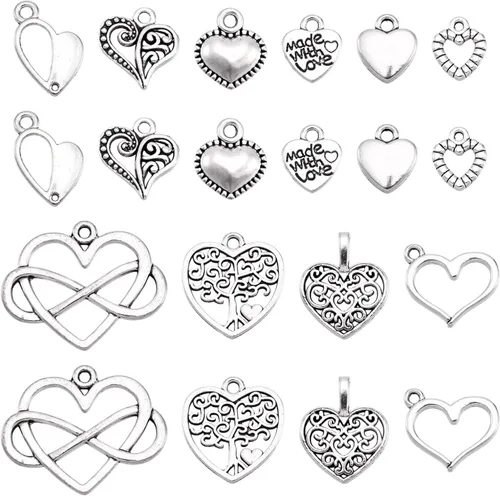 Vista 7 de Pandahall - 100 dijes de aleación de estilo tibetano, dijes de corazón de plata antigua, dijes de corazón dulce para manualidades, aretes, pulseras