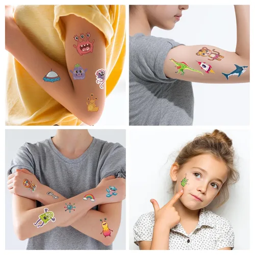 Vista 7 de Tatuajes temporales para niños, 60 piezas de tatuajes falsos de diseños geniales para niños, calcomanías temporales seguras e impermeables, la mejor