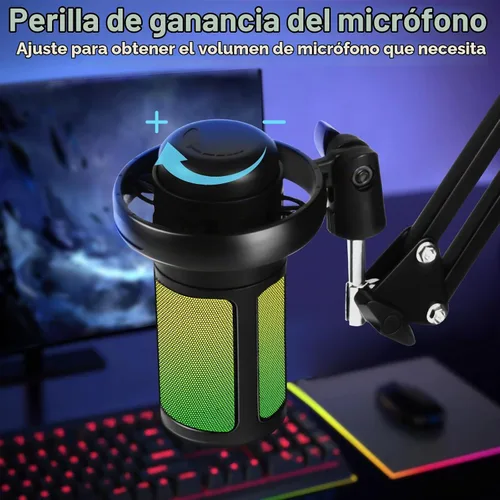 Vista 4 de KingSom - Micrófono USB para juegos, micrófono de condensador con cancelación de ruido con brazo articulado, micrófonos para podcast RGB