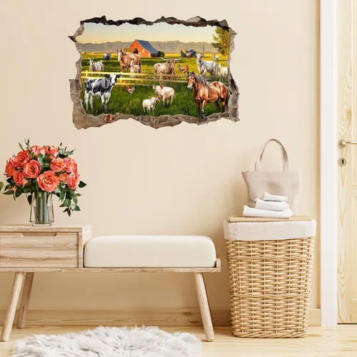 Vista 5 de Calcomanías de pared de animales de granja, mural de granja 3D, calcomanías de granja para despegar y pegar, calcomanías creativas falsas