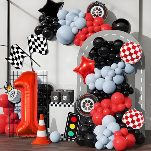 Vista 3 de Globos de auto de carreras para decoración de cumpleaños – Globos rojos de Mylar número 1 de 40 pulgadas – Globos rojos de aluminio rojo