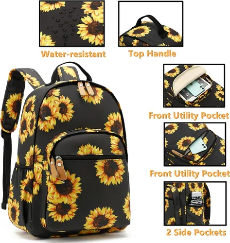 Vista 91 de Leaper Mochila para laptop para mujer: linda mochila floral para escuela, universidad, viajes, trabajo, mochila ligera para niños, Negro margarita