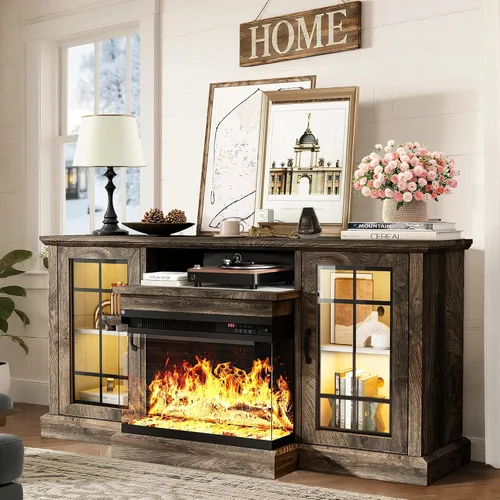 Vista 18 de MXV - Soporte de chimenea para TV de 59 pulgadas, centro de entretenimiento estilo granja con soporte de TV de 3 lados de vidrio, consola multimedia