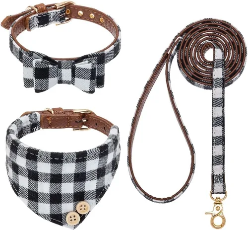 Vista 34 de EXPAWLORER Juego de collar y correa para cachorros, collar clásico a cuadros para perros pequeños con corbatín, bonito juego de collar y correa