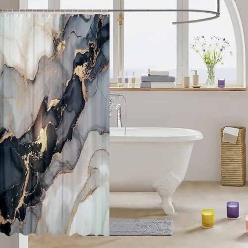 Vista 3 de Cortina de ducha de baño de mármol, cortina de ducha de tela gris y blanca con ganchos, arte único estampado de teñido anudado 3D, accesorios