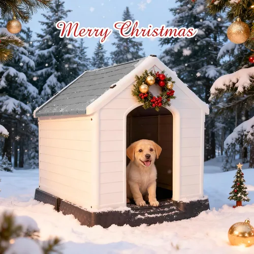 Vista 13 de Casa Grande de Plástico para Perros, Caseta para Perros Exterior Impermeable Doghouse Casas para Perros, Refugio para Cachorros Piso Elevado