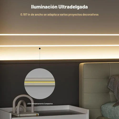 Vista 4 de PAUTIX Tira de luz LED COB de 5 mm 16.4 pies/5 m 3000K Blanco cálido 504 LEDs/m, Cinta LED flexible DC24V para gabinete Hogar Proyectos