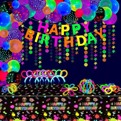 Vista 8 de Paquete de 173 suministros de fiesta de neón brillante, palillos brillantes, decoraciones de fiesta, juego de decoración reactiva con luz negra
