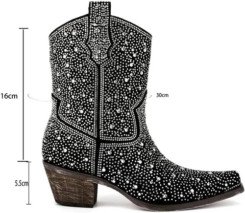 Vista 7 de sexytag Botas vaqueras brillantes con diamantes de imitación para mujer, tacón bajo y grueso, punta cuadrada, botines de meter