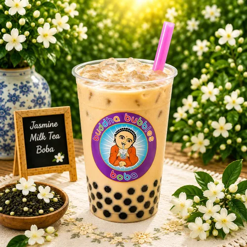 Vista 4 de Buddha Bubbles Boba - Mezcla de bebida en polvo de té verde de jazmín con leche y té de burbujas (2.2 libras / 2.2 lbs)