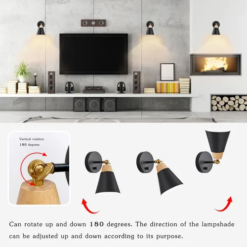 Vista 4 de Aplique de Pared con Pantalla de Metal, Interruptor de Encendido/Apagado, Lámpara Decorativa de Interior de Montaje en Pared con Brazo Articulado