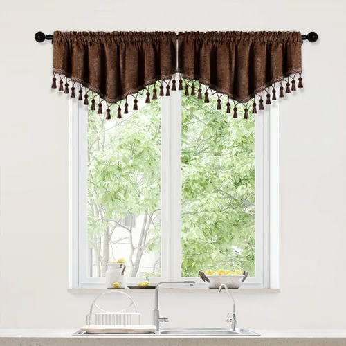 Vista 19 de ELKCA Cortinas de doble cara de felpilla para ventana de cocina, 52x18, bolsillo para barra, cenefa color beige para sala de estar, paquete de 1