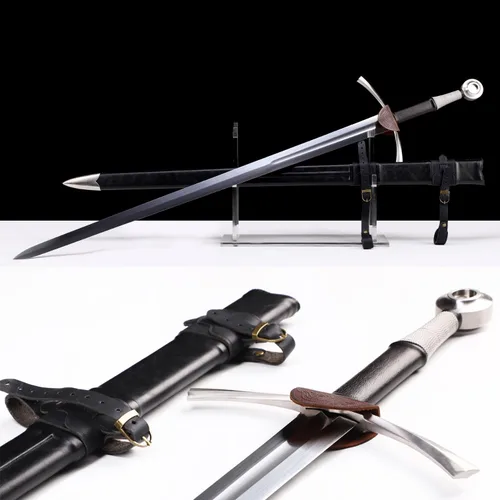 Vista 7 de Espada medieval occidental de 48 pulgadas, hoja de acero al manganeso 65, forjada a mano, espada real afilada con cinturón, para coleccionar