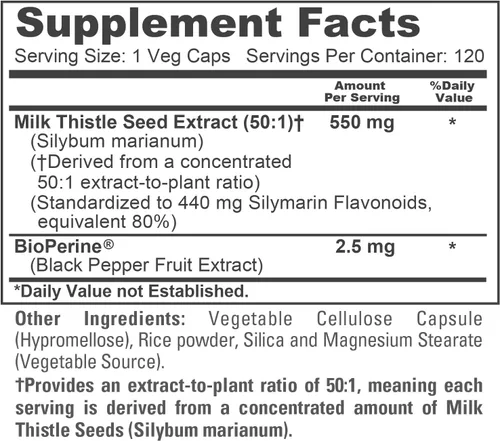 Vista 4 de Semilla de cardo mariano, 550 mg, sin OMG, vegano, 120 cápsulas vegetales - 120 porciones Botanical Formula, 50:1 Silybum Marianum Extract