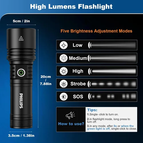 Vista 4 de Linternas Philips recargables de alto lúmenes con lente de encendido, linternas tácticas de 2500 lm con lámpara de camping, linterna LED de 2