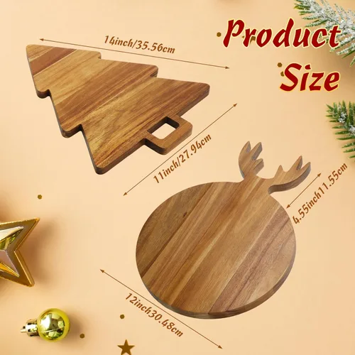 Vista 2 de Uiifan 2 Piezas Tablas de Cortar en Forma de Árbol de Navidad Tablas de Charcutería de Navidad con Mango de Cuerno Bandeja de Servir de Madera