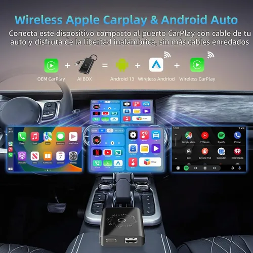 Vista 5 de AI Box - Adaptador inalámbrico CarPlay y automático, Plug & Play, WiFi de doble banda, Bluetooth 5.4, soporte de video 4K, sistema Android 13.0