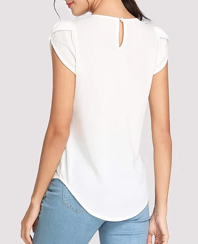 Vista 5 de Milumia Blusa de cuello redondo plisado para mujer, estilo casual y básico, con manga casquillo y abertura de cerradura en la espalda