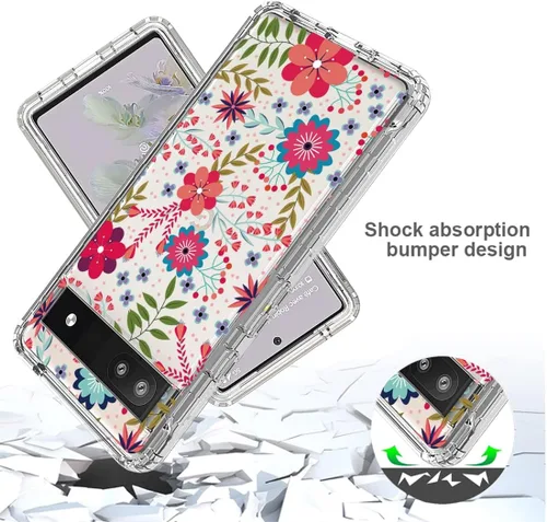 Vista 7 de Funda para Google Pixel 6A, funda GX7AS con protector de pantalla de vidrio templado, cuerpo completo transparente floral TPU delgado funda