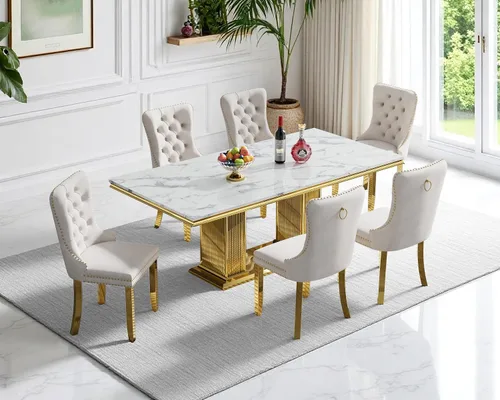 Vista 28 de Juego de 4 mesas de comedor blancas y doradas, mesa de cocina rectangular de 68 pulgadas con parte superior de mármol sintético blanco, mesa de Mesa
