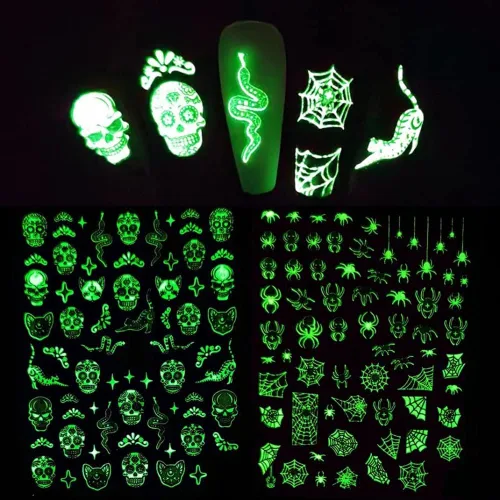 Vista 6 de Calcomanías de uñas de Halloween, que brillan en la oscuridad, calcomanías de uñas luminosas 3D, autoadhesivas, calabaza, calavera, murciélago