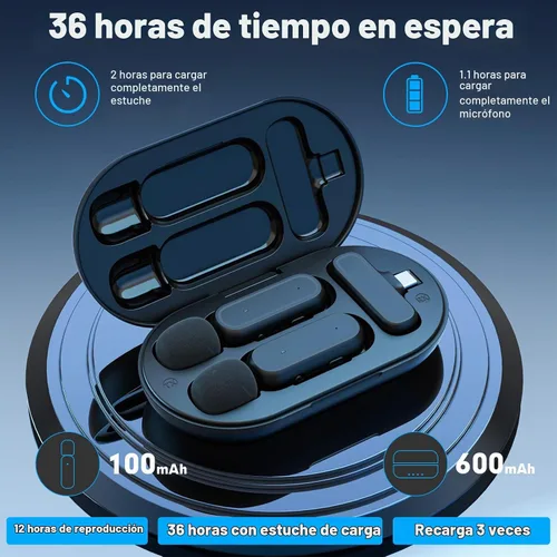 Vista 5 de Paquete de 2 micrófonos inalámbricos Lavalier para iPhone y Android, micrófono con clip de reducción de ruido Plug and Play con funda de carga