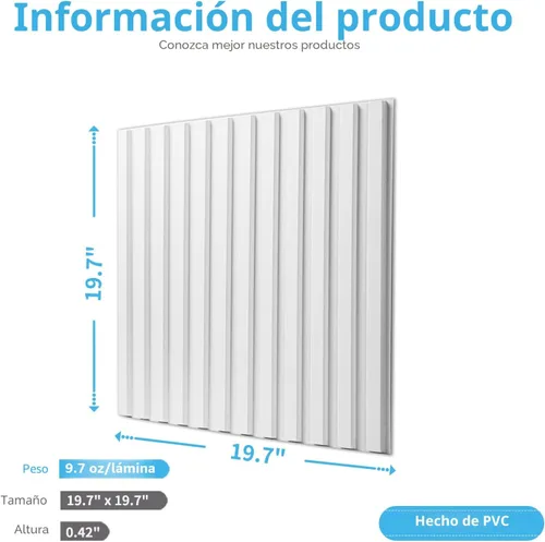 Vista 3 de Art3d Panel de pared de listones 3D, panel texturizado acanalado de 12 azulejos 19.7 x 19.7 pulgadas - Blanco Cuadrado - Blanco