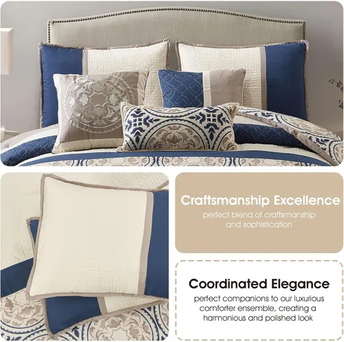 Vista 5 de Grand Avenue Juego de edredón azul King, ropa de cama con estampado de microfibra, geométrico, patchwork de 7 piezas, edredones, fundas de almohada