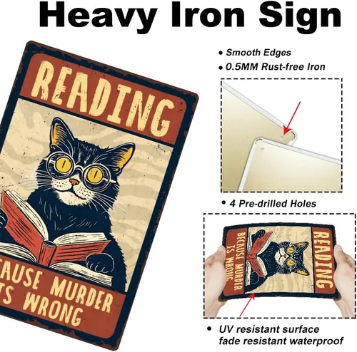 Vista 3 de 1 letrero de metal vintage de 8 x 12 pulgadas con diseño de gato retro con texto en inglés "Reading Because Murder is Wrong", póster