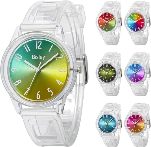 Vista 7 de Reloj transparente para mujer, colorido esfera de arco iris, reloj analógico, simple e impermeable para niñas