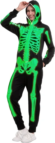 Vista 7 de Spooktacular Creations Pijama de esqueleto, disfraz de esqueleto que brilla en la oscuridad, overol para mujeres adultas para fiesta temática