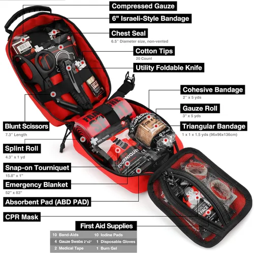 Vista 3 de Kit de primeros auxilios de supervivencia con vendaje de estilo israelí, férula, sello de pecho para emergencias tácticas Molle al aire libre, rojo