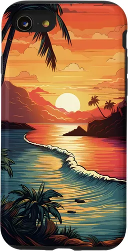 Vista 13 de Funda para iPhone 14 Sunset Beach con palmeras, colorida estética Hawaii