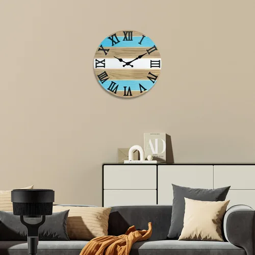 Vista 2 de Reloj de pared de madera maciza azul para sala de estar, estilo granja, reloj de pared redondo de 12 pulgadas, funciona con pilas, silencioso Wall