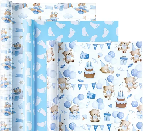 Vista 2 de WRAPAHOLIC Papel de regalo de oso para baby shower, mini rollo, 3 rollos, 17 x 120 pulgadas, diseño de oso de aventura en avión y fiesta para baby