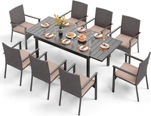 Vista 22 de PHI VILLA Juego de comedor al aire libre de 7 piezas para 6, mesa rectangular de hierro forjado de 152 cm con orificio para sombrilla y sillas
