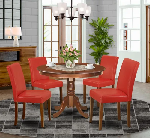 Vista 2 de East West Furniture HLAB5-MAH-72 - Juego de mesa de comedor de 5 piezas, incluye una mesa de comedor redonda con pedestal y 4 sillas tapizadas