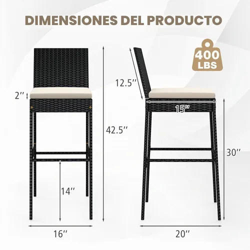 Vista 8 de HAPPYGRILL - Juego de 2 taburetes de bar de ratán para exteriores, sillas