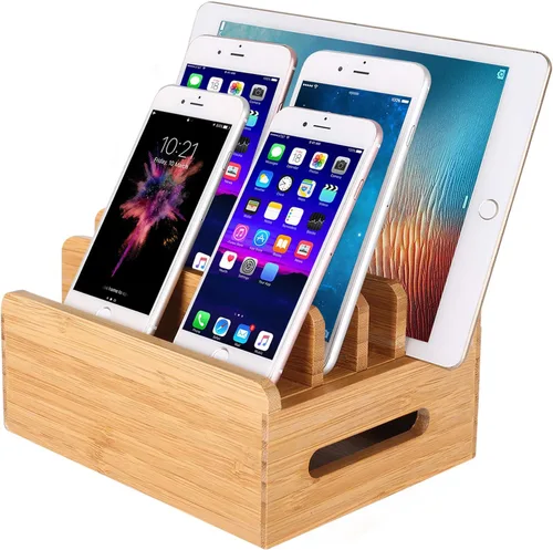 Vista 8 de Estación de carga de escritorio multidispositivo de madera de bambú Soporte de cargador compatible con iPhone 16 15 14 13 12 11 Pro Max iPad mini