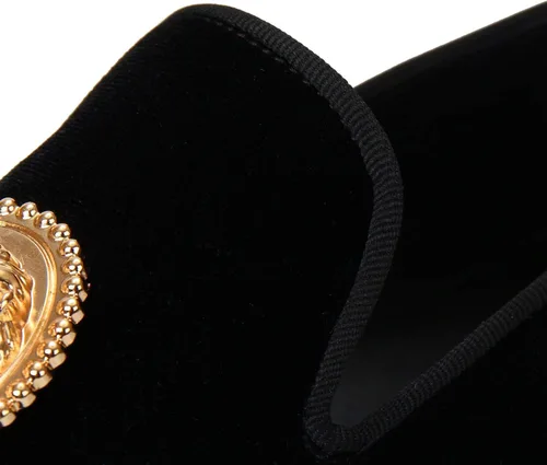 Vista 5 de Ajuste negro terciopelo mocasines zapatos para hombres con hebilla de león dorado hecho a mano pisos
