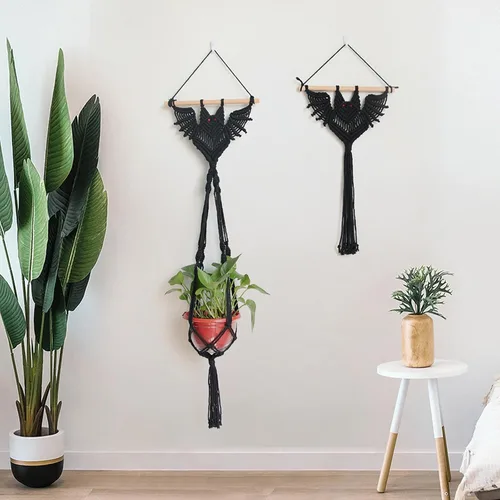 Vista 3 de Macetas colgantes de macramé en forma de murciélago para plantas de interior, hechas a mano, cuerda de algodón tejida a mano, maceta y tapiz