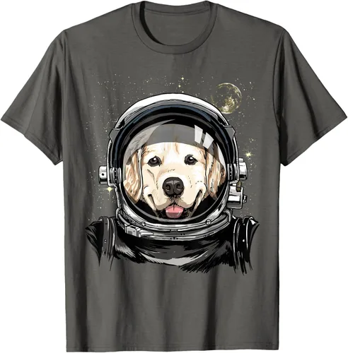 Vista 109 de Camiseta para amantes de los perros de los astronautas del espacio exterior Golden Retriever Lover, Negro