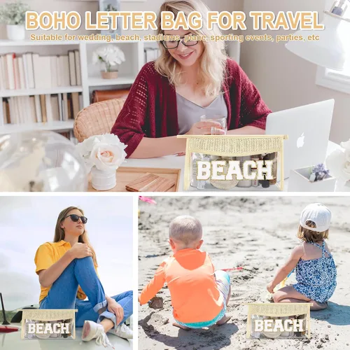 Vista 6 de Iqimott 2 bolsas de maquillaje con parches transparentes, bolsa de letras boho para nadar en la playa, bolsas de maquillaje impermeables