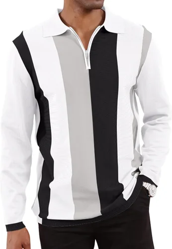 Vista 15 de Camisas polo de moda para hombre, camisas de punto vintage a rayas, camisas de golf casuales ajustadas