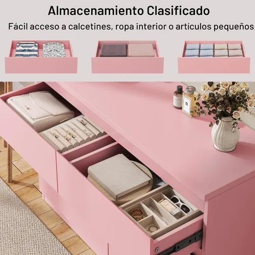 Vista 3 de Jocoevol Cómoda moderna rosa con 6 cajones, cómoda para dormitorio, armario, sala de estar, pasillo, entrada, cómoda doble de almacenamiento