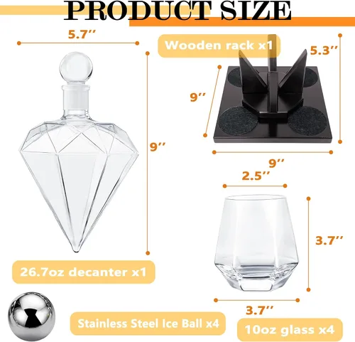 Vista 2 de Juego de decantador de whisky de diamante, juego de decantador de diamante con 4 vasos y 4 piedras de whisky, juego de decantador de whisky, regalo